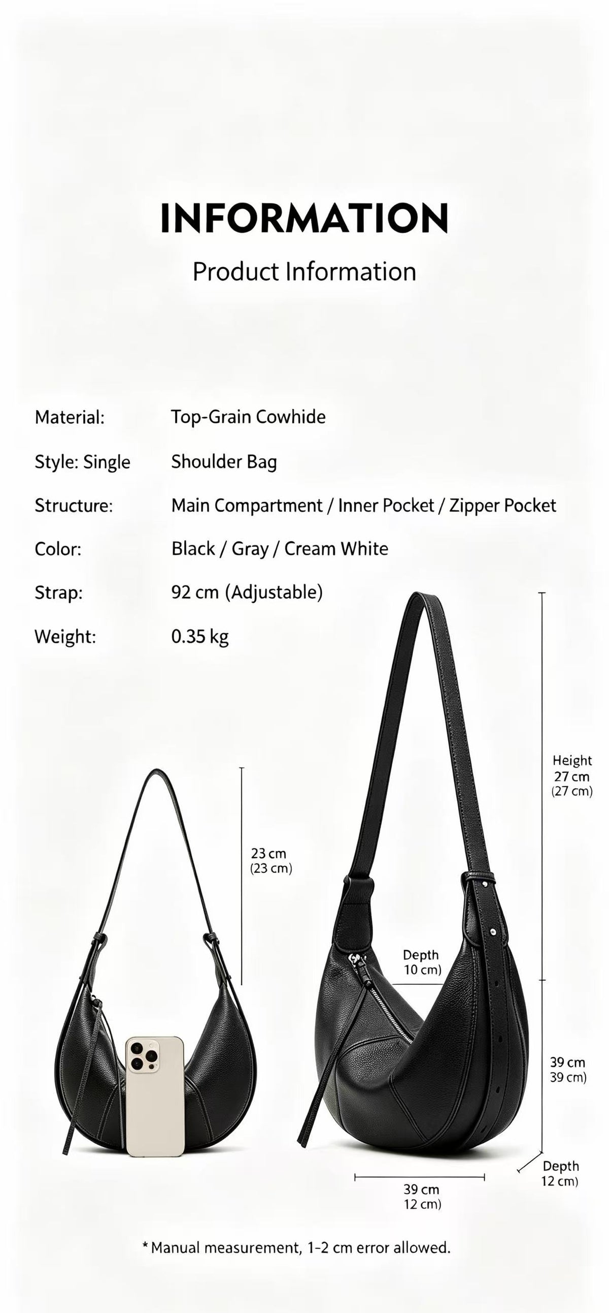 Lightweight Leather Crescent Hobo Bag