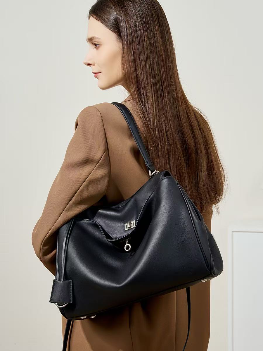 Black Leather Shoulder Bag with Horse Charm