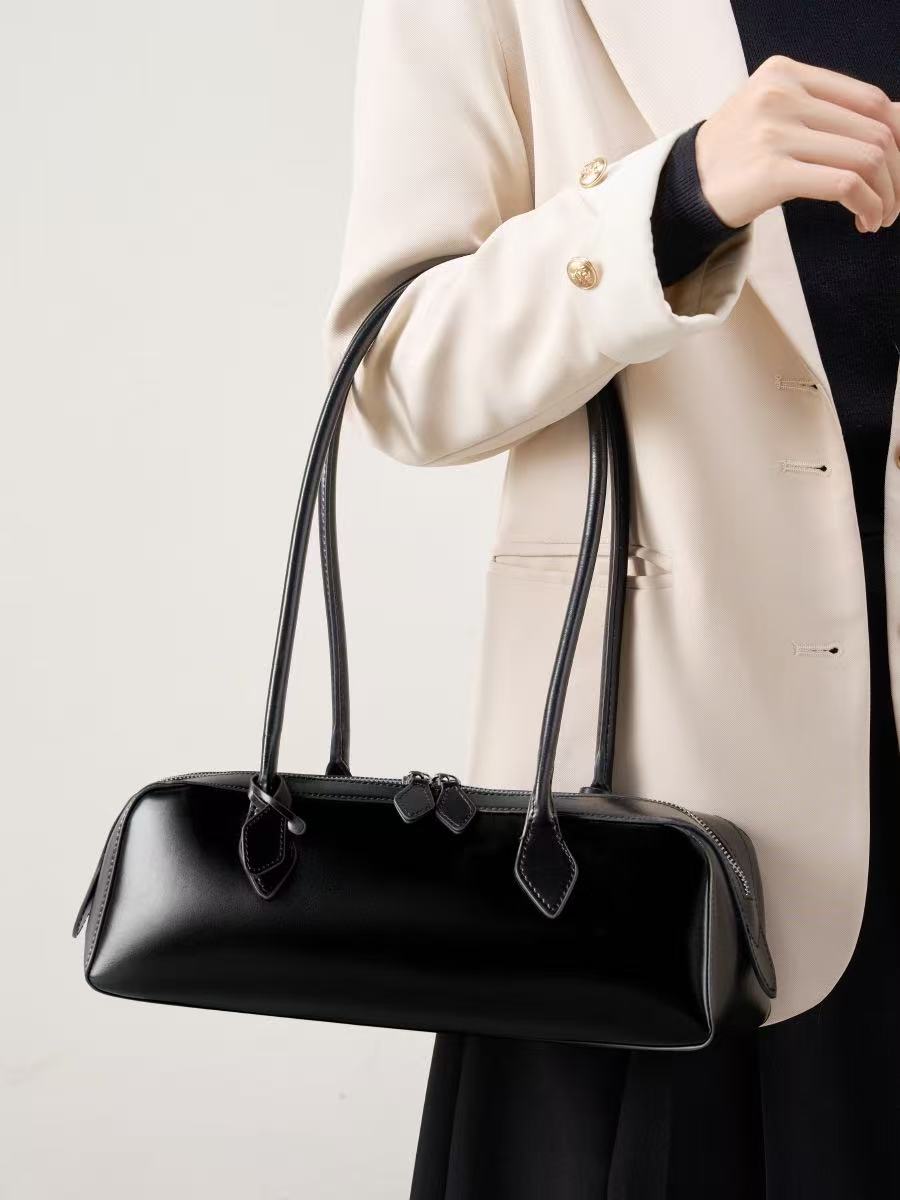 Long Leather Baguette Crossbody Bag
