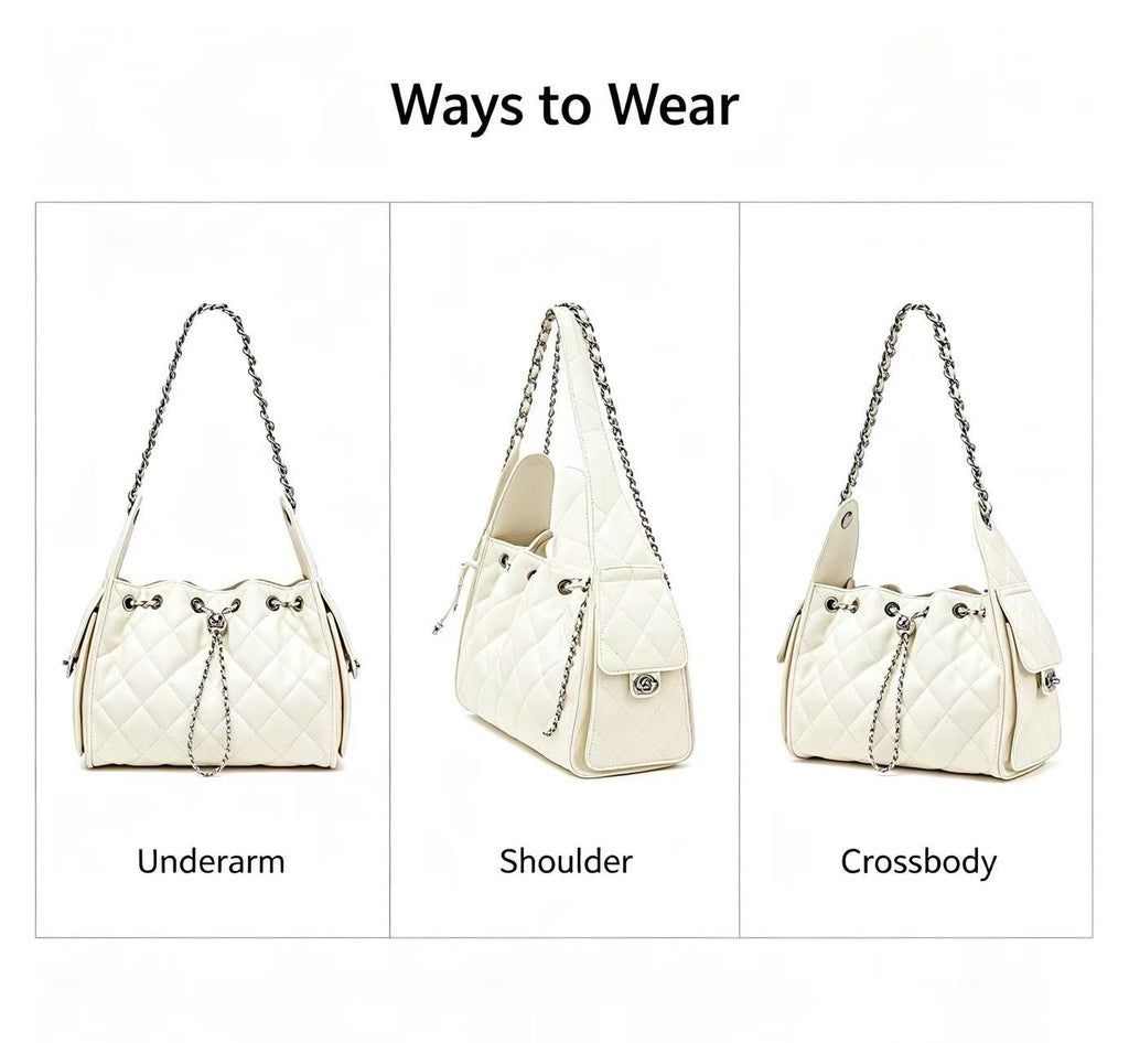 Quilted Leather Drawstring Hobo Bag