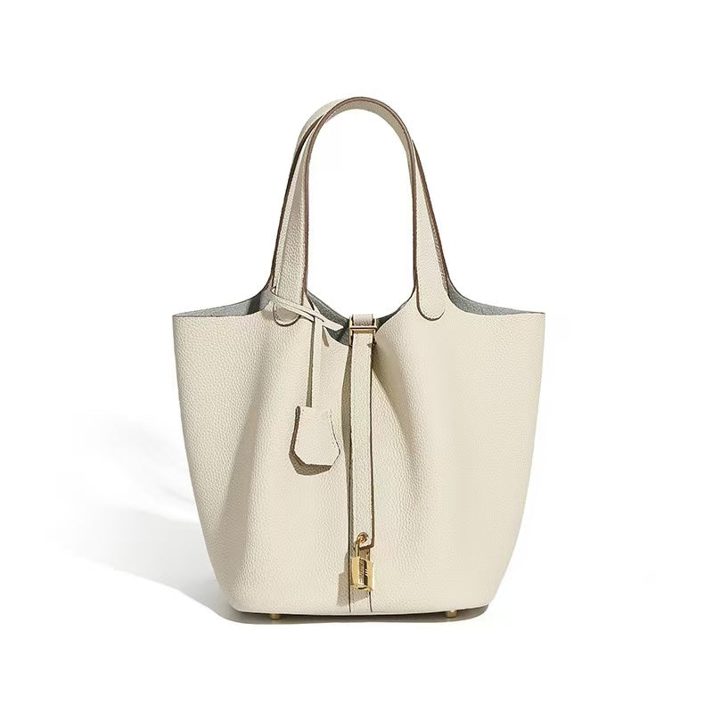 Leather Basket Tote with Removable Pouch