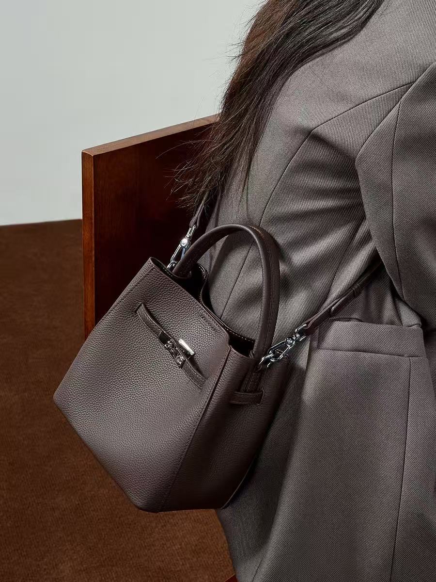 Turn-Lock Leather Bucket Handbag