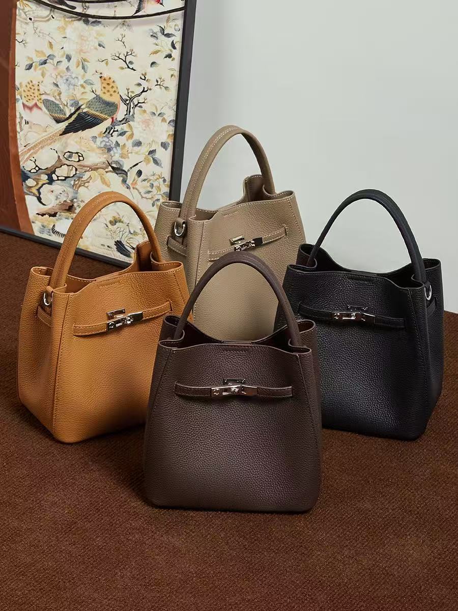 Turn-Lock Leather Bucket Handbag