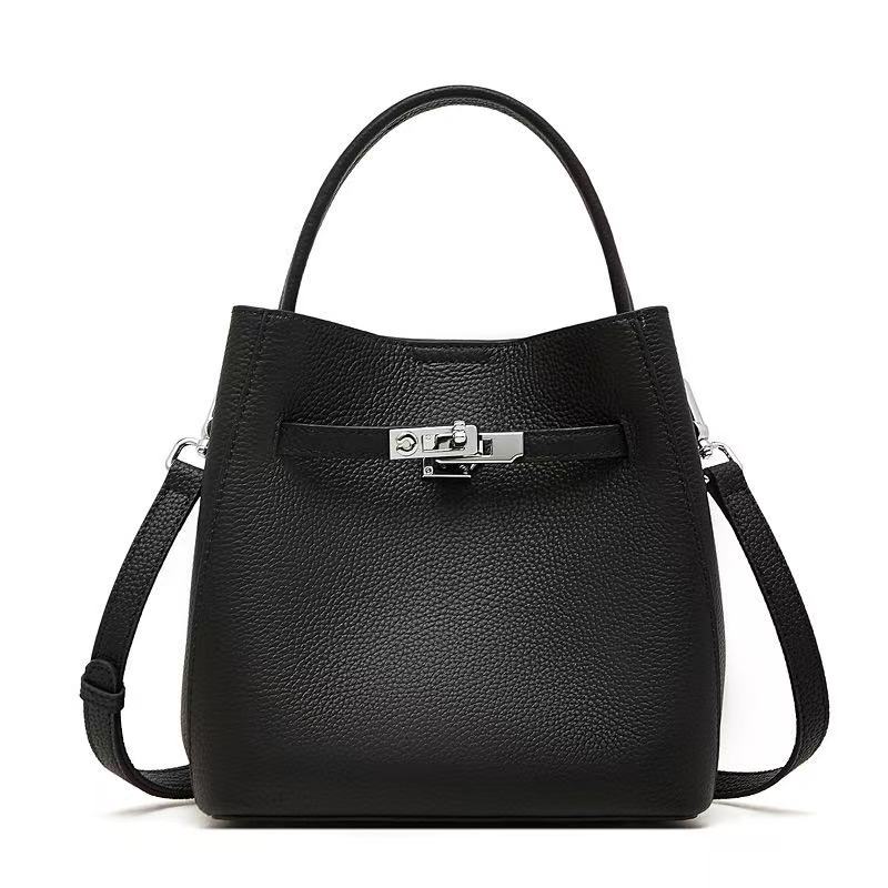 Turn-Lock Leather Bucket Handbag