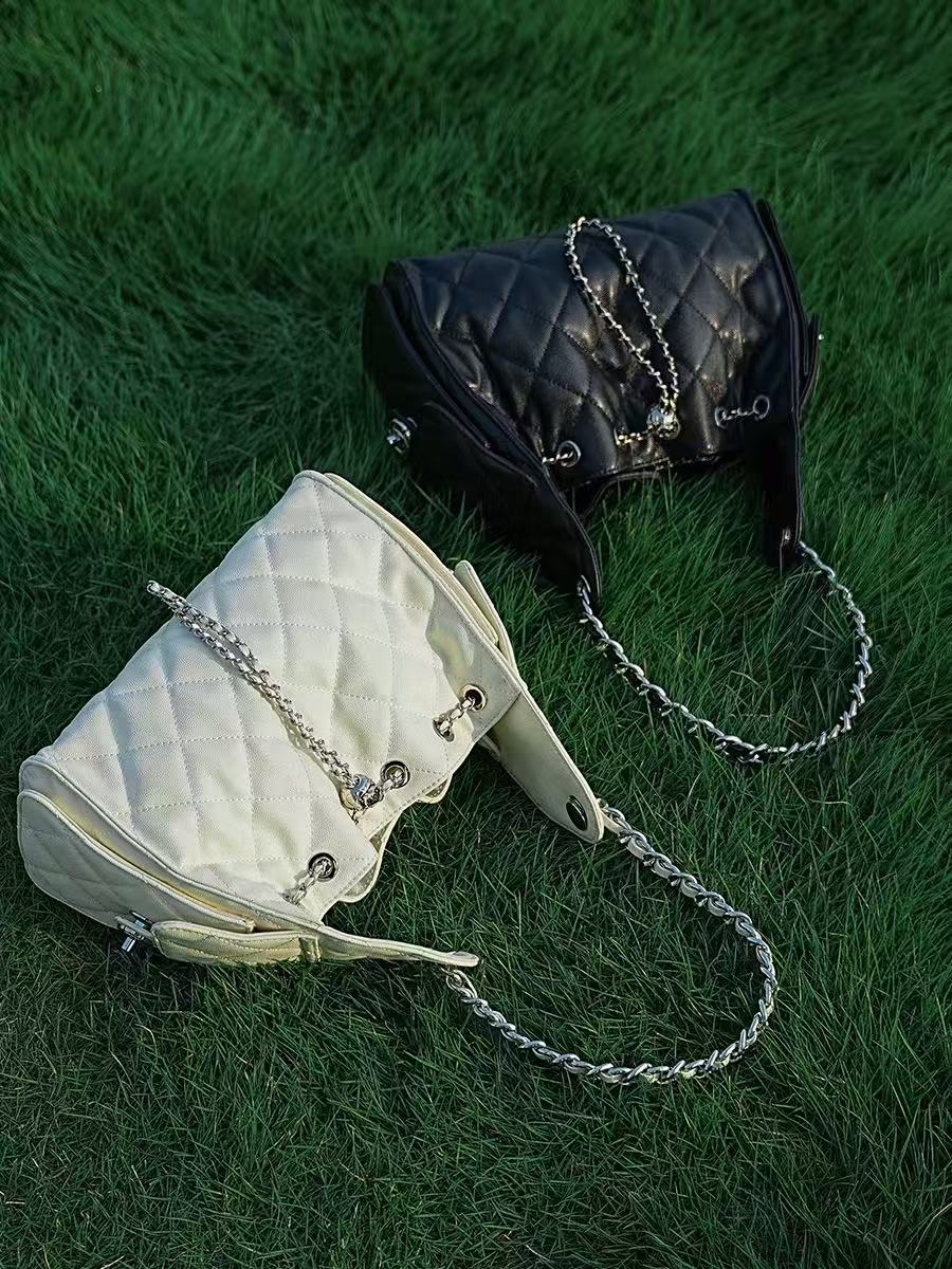 Quilted Leather Drawstring Hobo Bag
