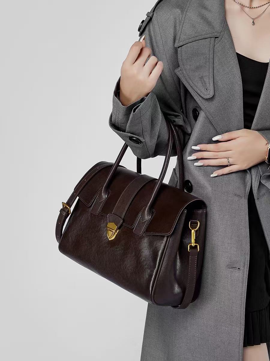 Leather Work Handbag with Two Compartments