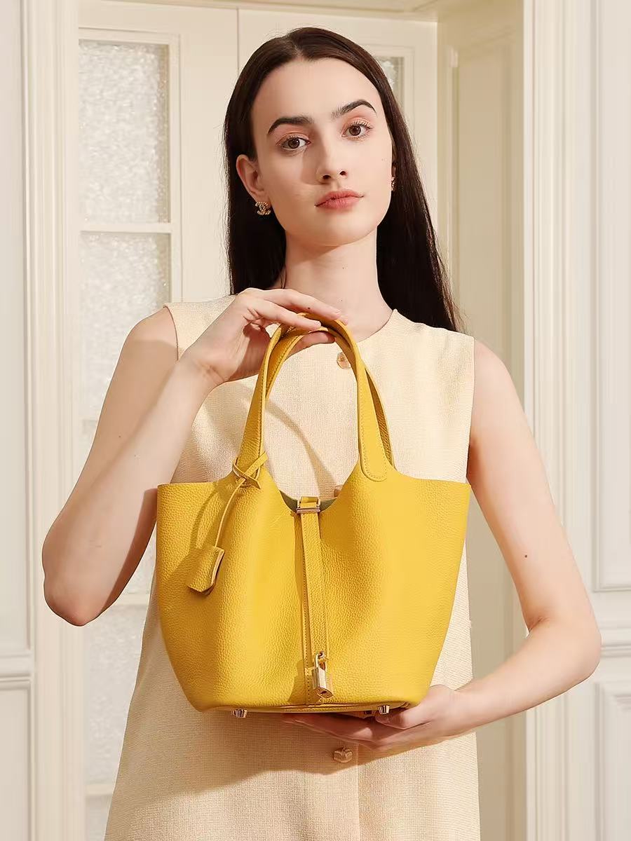 Leather Basket Tote with Removable Pouch