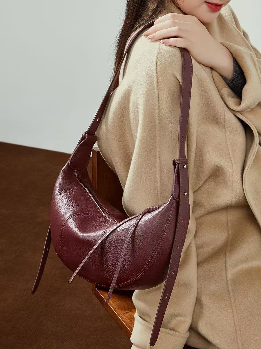 Lightweight Leather Crescent Hobo Bag