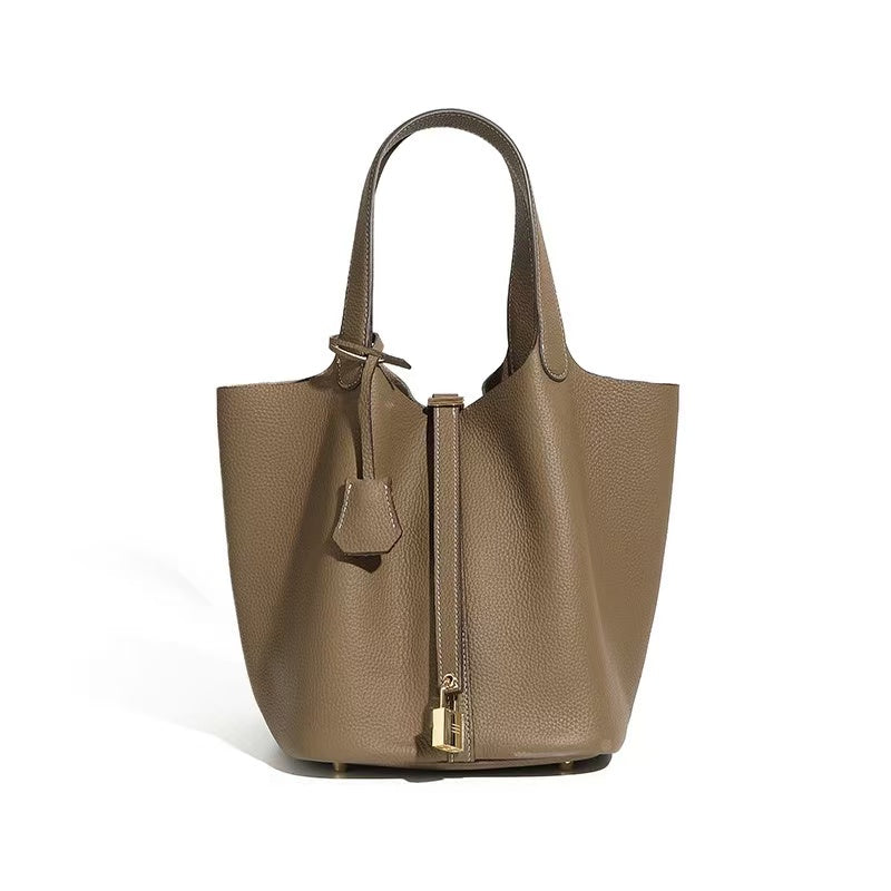 Leather Basket Tote with Removable Pouch