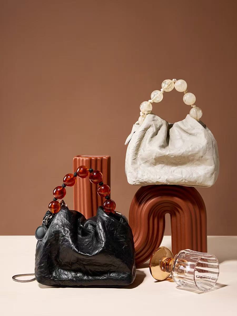 Ruched Leather Bag with Beaded Handle