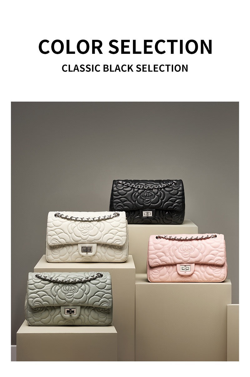 Floral Quilted Sheepskin Leather Chain Bag
