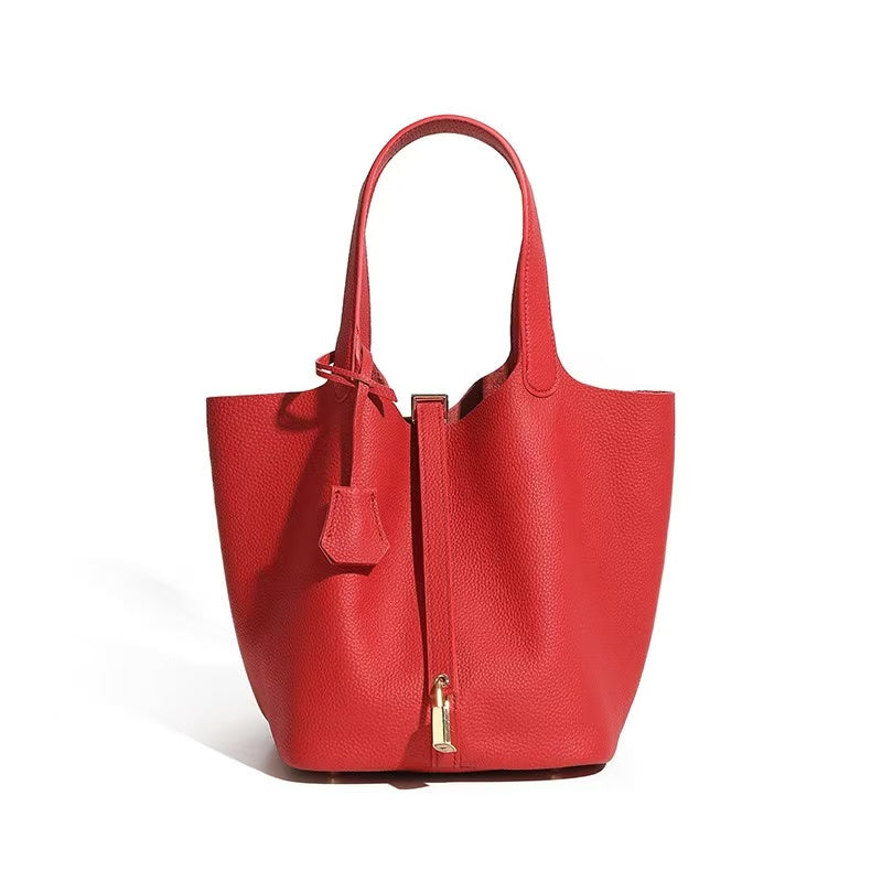 Leather Basket Tote with Removable Pouch
