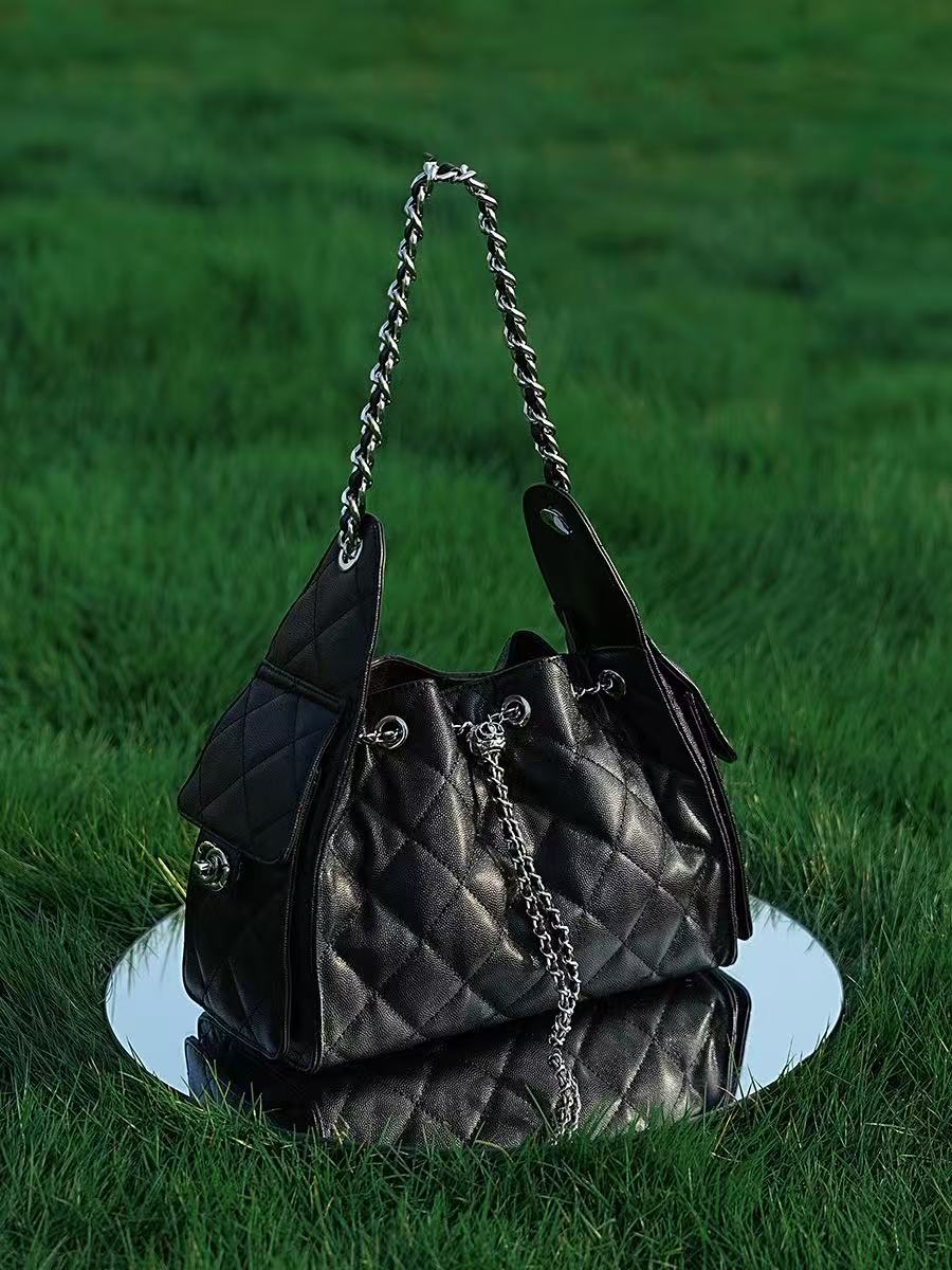 Quilted Leather Drawstring Hobo Bag