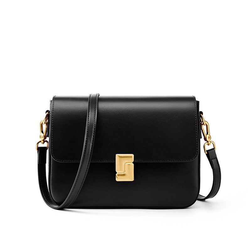 Leather Flap Bag with Gold-Tone Turn Lock
