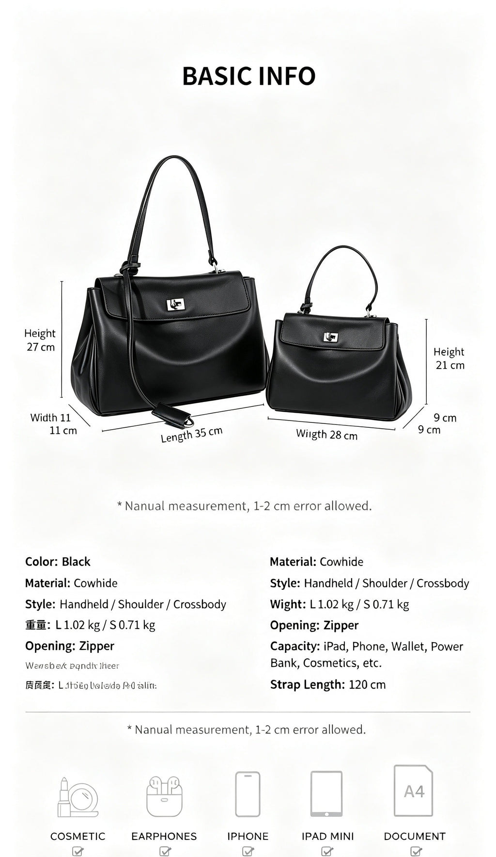 Black Leather Shoulder Bag with Horse Charm