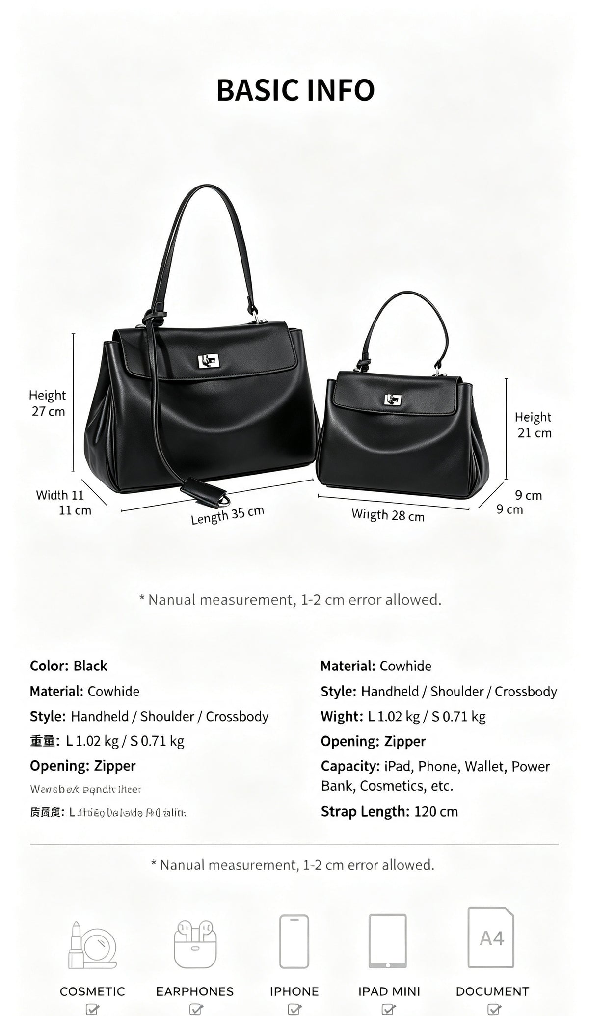 Black Leather Shoulder Bag with Horse Charm
