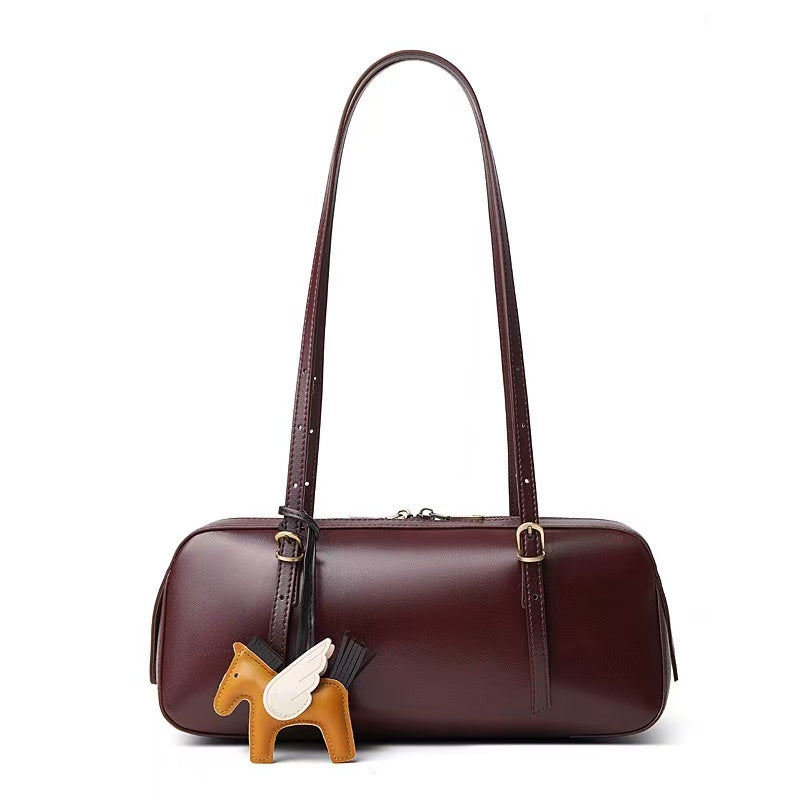 Long Leather Shoulder Bag with Horse Charm