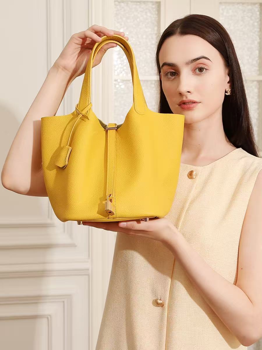 Leather Basket Tote with Removable Pouch