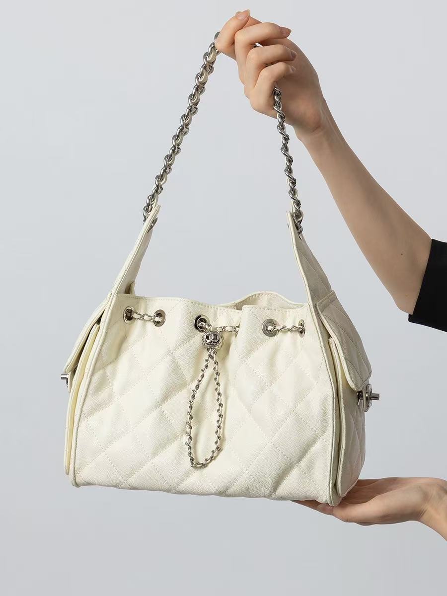Quilted Leather Drawstring Hobo Bag
