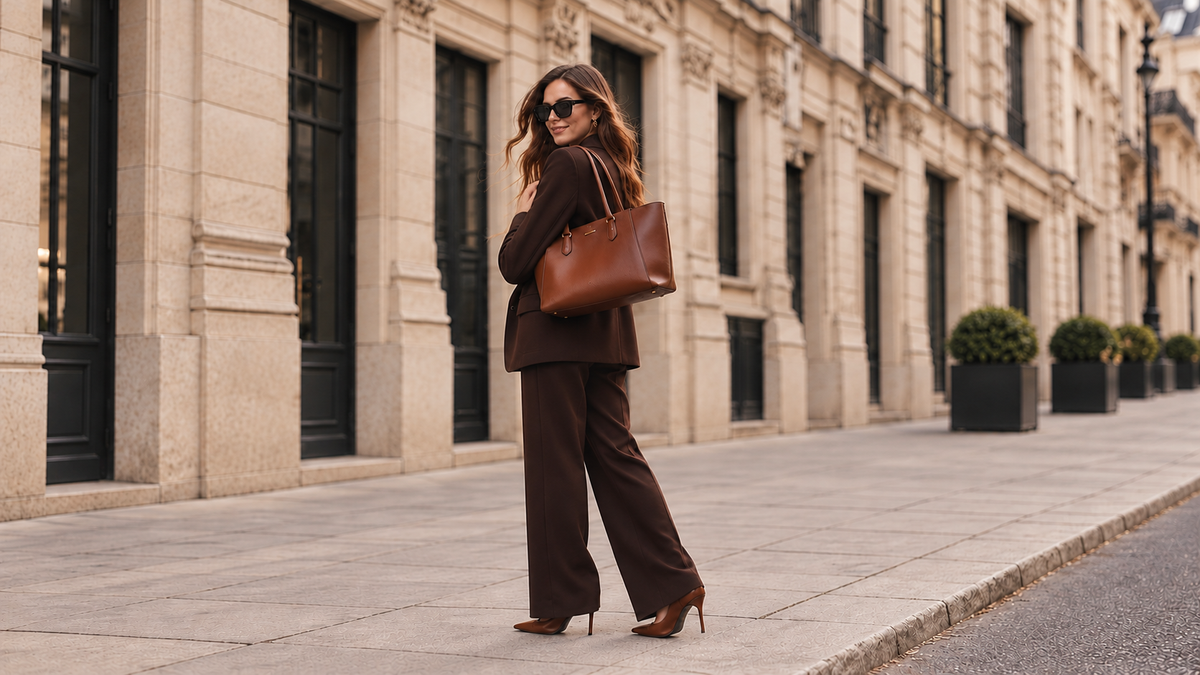 Woman carrying a brown tote outside a stone building